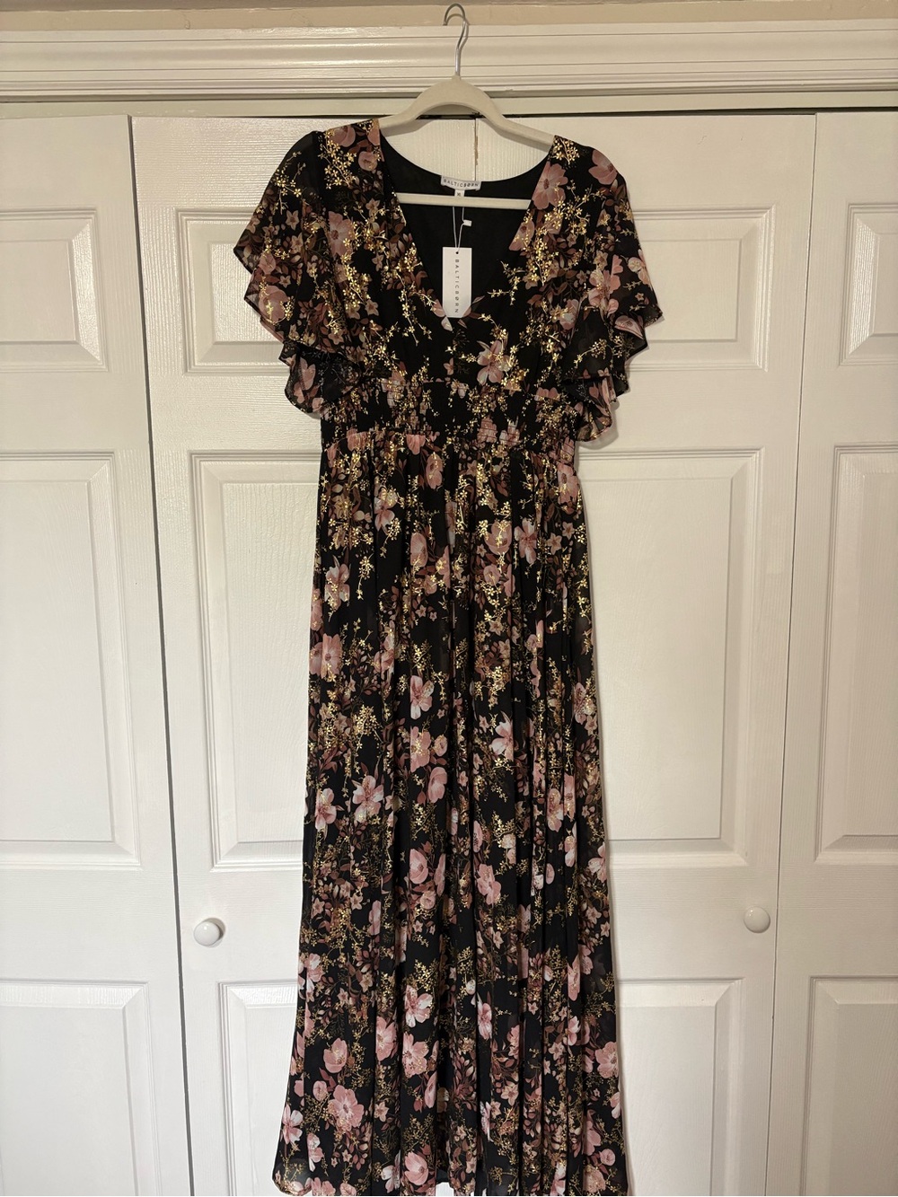 Baltic Born Black Maxi Dress with Pink Floral and Gold Accents NWT - Picture 2 of 4